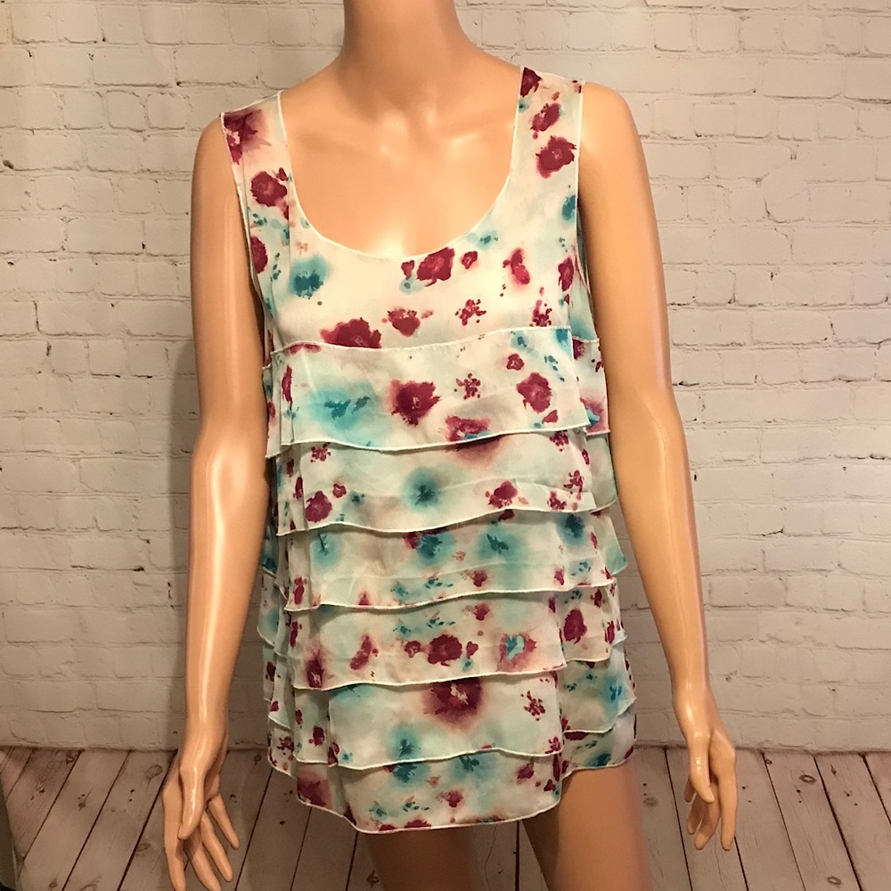 LOFT white blue burgundy ruffle top size Large